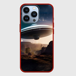 Чехол для iPhone 13 Pro НЛО над горами, цвет: 3D-красный