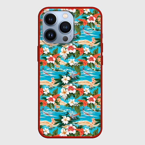 Чехол iPhone 13 Pro Море цветы и птицы / 3D-Красный – фото 1
