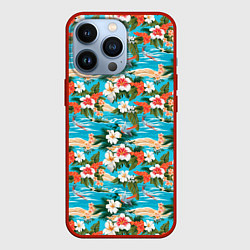 Чехол для iPhone 13 Pro Море цветы и птицы, цвет: 3D-красный