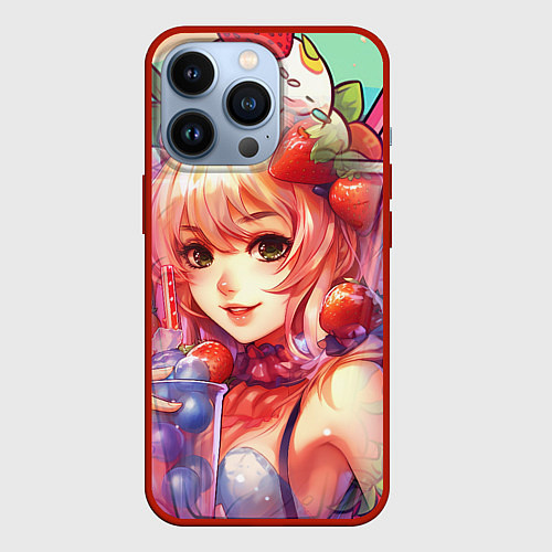 Чехол iPhone 13 Pro Рыжая девушка с клубникой / 3D-Красный – фото 1