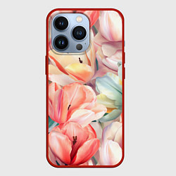 Чехол для iPhone 13 Pro Разноцветные пастельные тюльпаны - паттерн, цвет: 3D-красный