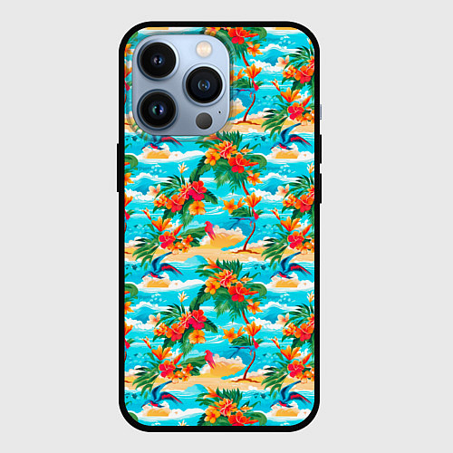 Чехол iPhone 13 Pro Гавайский стиль море и цветы / 3D-Черный – фото 1