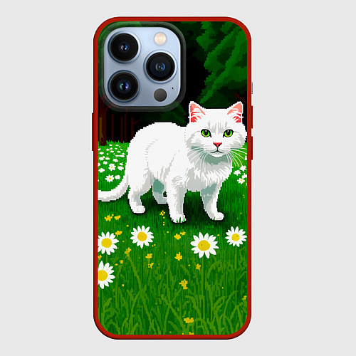 Чехол iPhone 13 Pro Белый кот на лугу пиксель арт / 3D-Красный – фото 1
