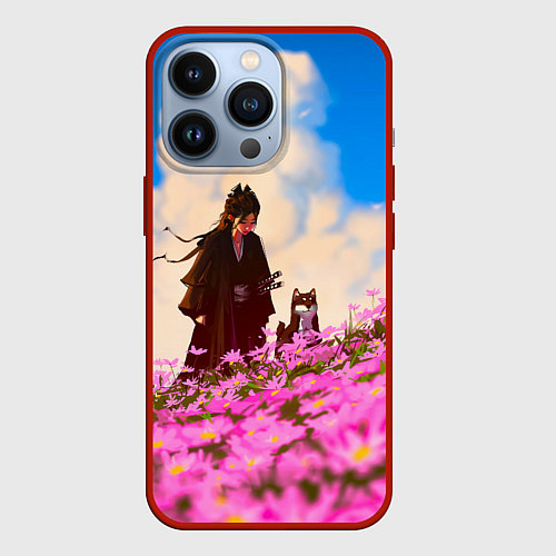 Чехол iPhone 13 Pro Девушка самурай и сиба ину / 3D-Красный – фото 1