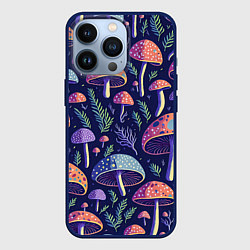 Чехол для iPhone 13 Pro Грибы паттерн, цвет: 3D-тёмно-синий