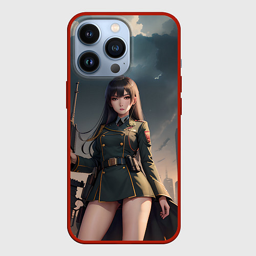 Чехол iPhone 13 Pro Девушка офицер с винтовкой / 3D-Красный – фото 1