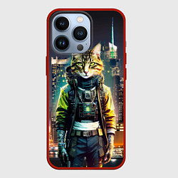 Чехол для iPhone 13 Pro Cool cat in New York city at night, цвет: 3D-красный