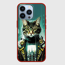 Чехол для iPhone 13 Pro Funny cat on the background of skyscrapers, цвет: 3D-красный