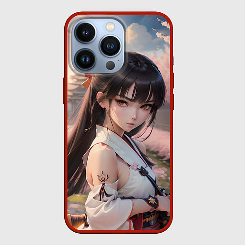 Чехол iPhone 13 Pro Девушка самурай в саду сакуры / 3D-Красный – фото 1