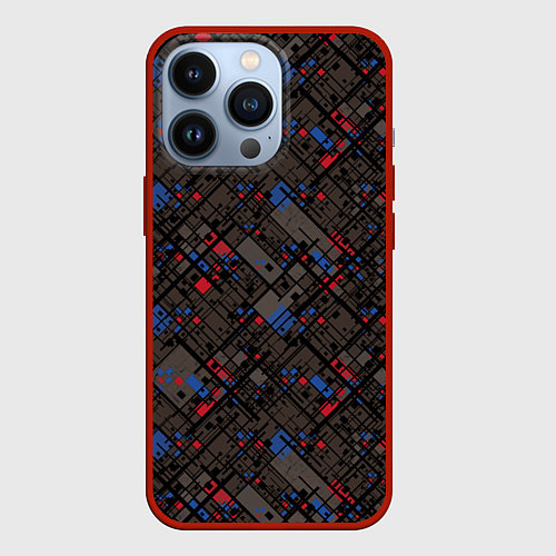 Чехол iPhone 13 Pro Красные, синие, черные фигуры и линии на коричнево / 3D-Красный – фото 1