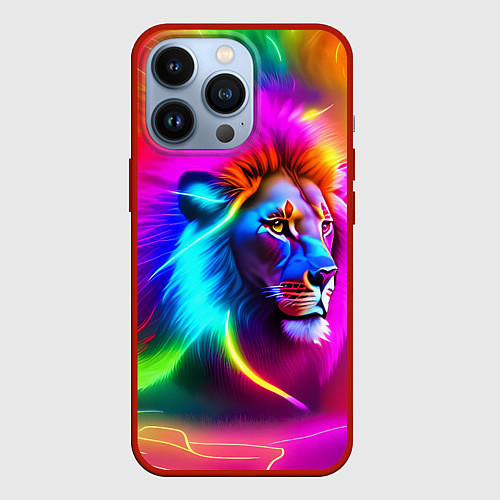 Чехол iPhone 13 Pro Неоновый лев в цветовой абстракции / 3D-Красный – фото 1