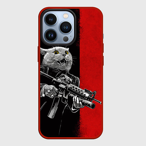 Чехол iPhone 13 Pro Кот гангстер с m4a4 / 3D-Красный – фото 1