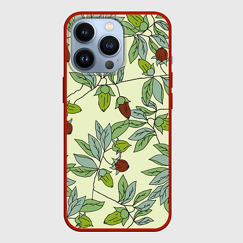 Чехол iPhone 13 Pro Зелененькие листья / 3D-Красный – фото 1