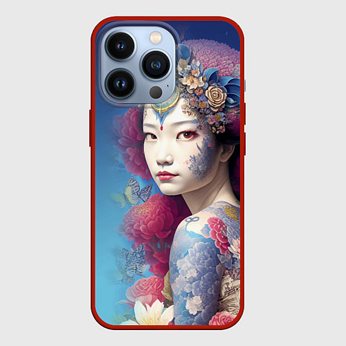 Чехол iPhone 13 Pro Japanese girl - irezumi - tattoo - art / 3D-Красный – фото 1