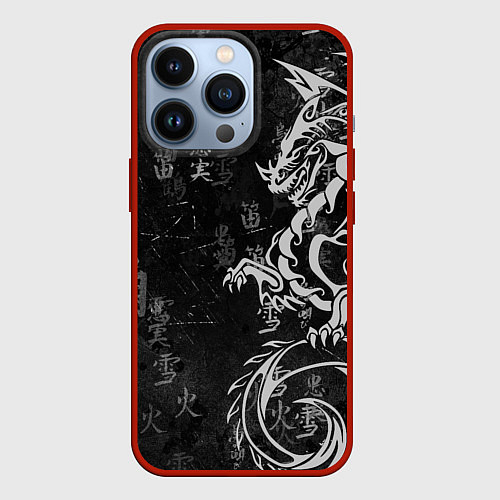 Чехол iPhone 13 Pro White dragon - grunge / 3D-Красный – фото 1