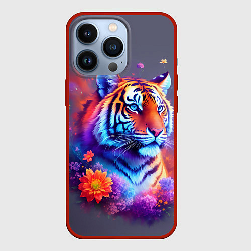 Чехол iPhone 13 Pro Тигр и краски - нейросеть / 3D-Красный – фото 1