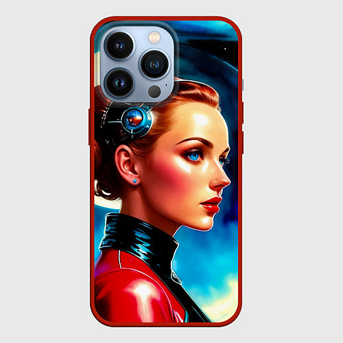 Чехол iPhone 13 Pro Девушка связист в космосе / 3D-Красный – фото 1