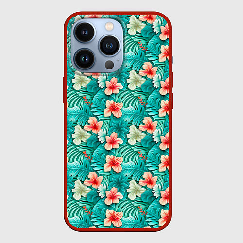 Чехол iPhone 13 Pro Летние цветочки паттерн / 3D-Красный – фото 1
