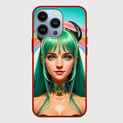 Чехол для iPhone 13 Pro Девушка с зелёными волосами и рожками, цвет: 3D-красный