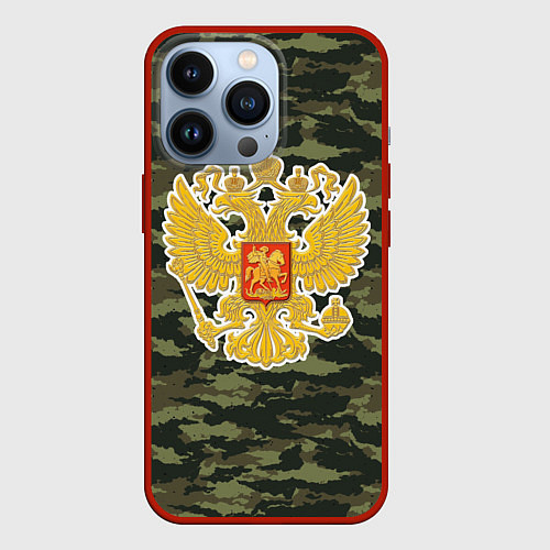 Чехол iPhone 13 Pro Россия - герб и камуфляж / 3D-Красный – фото 1