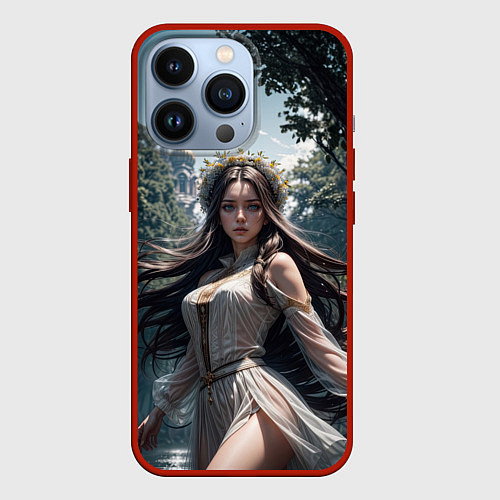 Чехол iPhone 13 Pro Русская красивая девушка на природе / 3D-Красный – фото 1