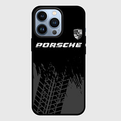 Чехол iPhone 13 Pro Porsche speed на темном фоне со следами шин: симво