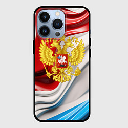 Чехол для iPhone 13 Pro Герб России на фоне флага, цвет: 3D-черный