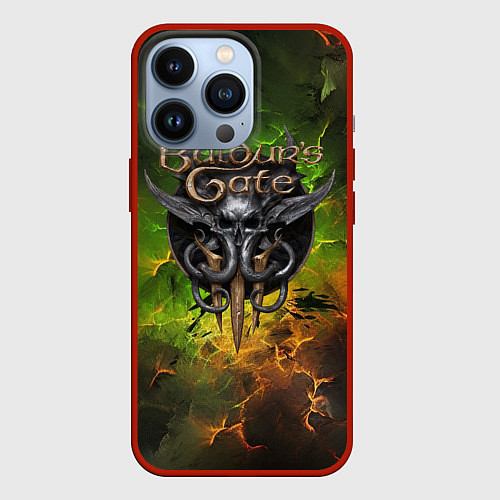 Чехол iPhone 13 Pro Baldurs Gate 3 logo dark green fire / 3D-Красный – фото 1