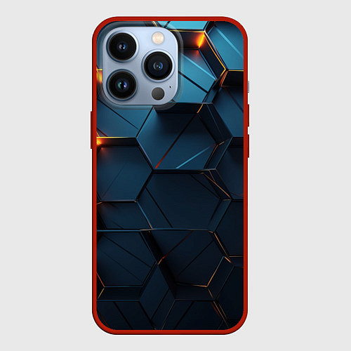 Чехол iPhone 13 Pro Синие объемные плиты с оранжевыми вставками / 3D-Красный – фото 1