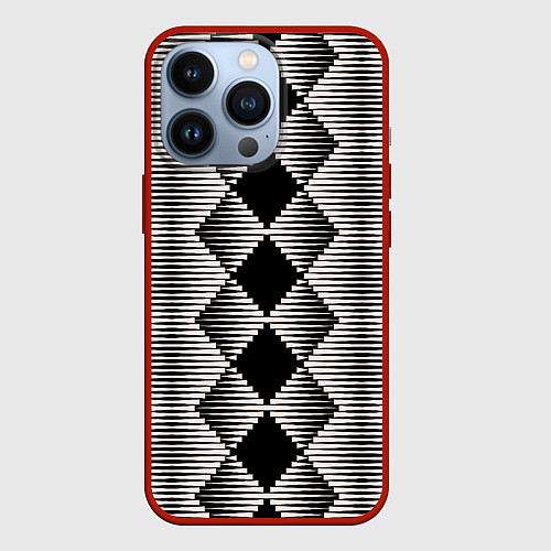 Чехол iPhone 13 Pro Черные бежевые ромбы / 3D-Красный – фото 1