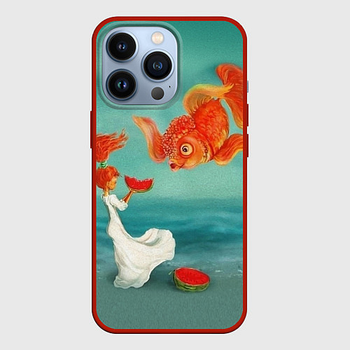 Чехол iPhone 13 Pro Девочка с арбузом и золотая рыбка / 3D-Красный – фото 1