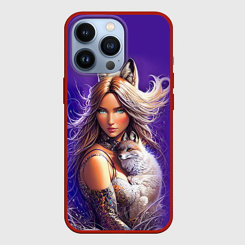 Чехол iPhone 13 Pro A fox girl with a fox cub - neural network / 3D-Красный – фото 1