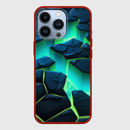 Чехол iPhone 13 Pro Разлом объемных зеленых плит / 3D-Красный – фото 1