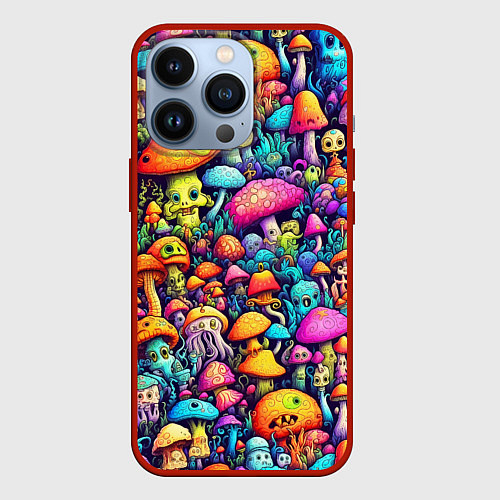 Чехол iPhone 13 Pro Кислотные психоделические грибы / 3D-Красный – фото 1