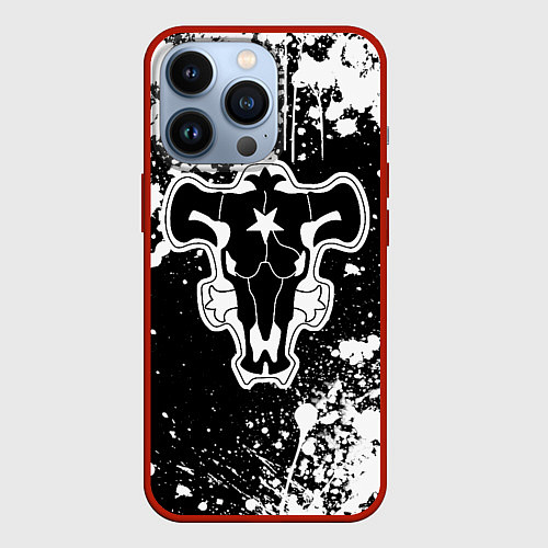Чехол iPhone 13 Pro Черный клевер - брызги и бык / 3D-Красный – фото 1