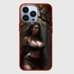 Чехол для iPhone 13 Pro Девушка в лесу на фоне луны, цвет: 3D-красный