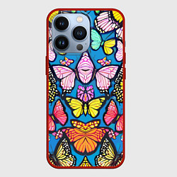 Чехол для iPhone 13 Pro Зеркальный паттерн из бабочек - мода, цвет: 3D-красный