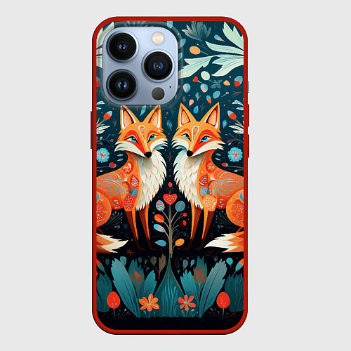 Чехол iPhone 13 Pro Две лисички в стиле фолк арт / 3D-Красный – фото 1