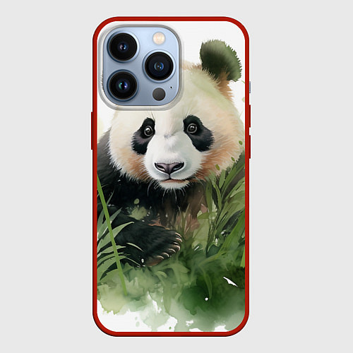 Чехол iPhone 13 Pro Панда акварель / 3D-Красный – фото 1