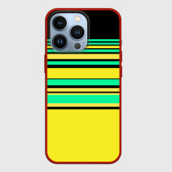 Чехол для iPhone 13 Pro Разноцветный черно желтый с зеленым полосатый узор, цвет: 3D-красный