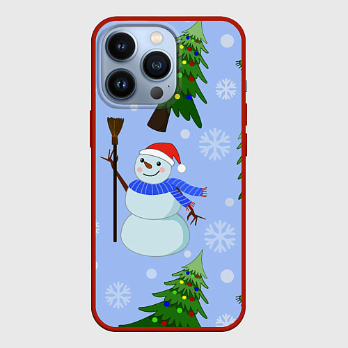 Чехол iPhone 13 Pro Снеговики с новогодними елками паттерн / 3D-Красный – фото 1