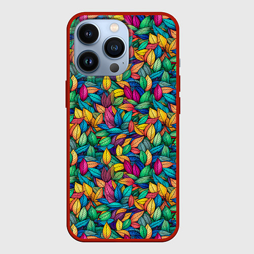 Чехол iPhone 13 Pro Разноцветные листья рисунок паттерн / 3D-Красный – фото 1