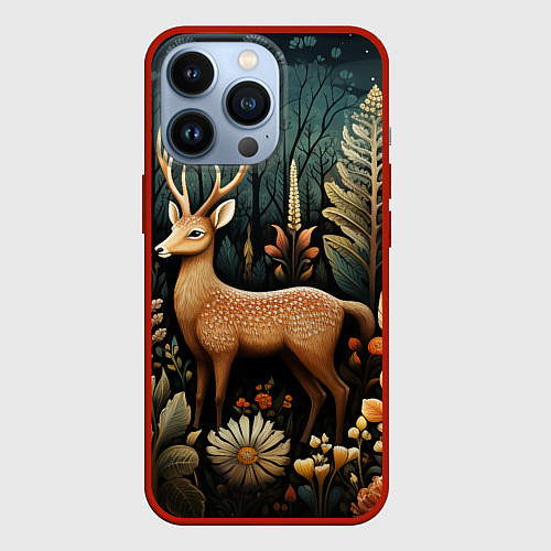 Чехол iPhone 13 Pro Лесной олень в стиле фолк-арт / 3D-Красный – фото 1