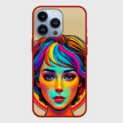Чехол для iPhone 13 Pro Девушка с разноцветными волосами на клетчатом фоне, цвет: 3D-красный