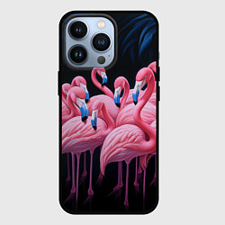 Чехол для iPhone 13 Pro Стая розовых фламинго в темноте, цвет: 3D-черный