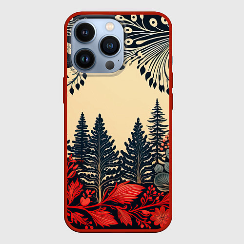 Чехол iPhone 13 Pro Новогодний лес / 3D-Красный – фото 1