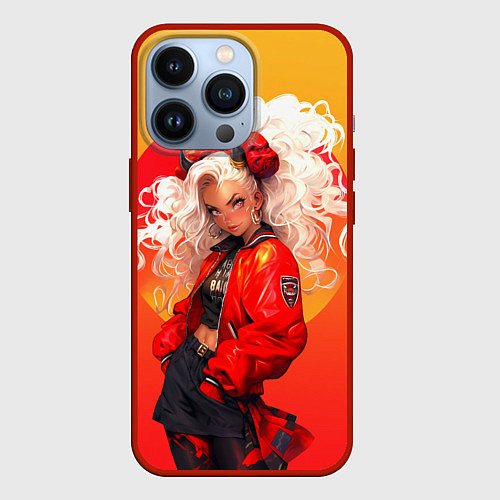 Чехол iPhone 13 Pro Девушка-демон от нейросети - желто-красный градиен / 3D-Красный – фото 1