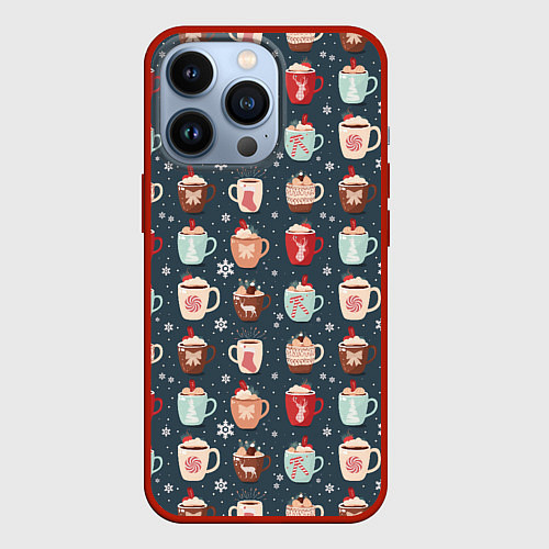 Чехол iPhone 13 Pro Кружки какао - зимний новогодний паттерн / 3D-Красный – фото 1