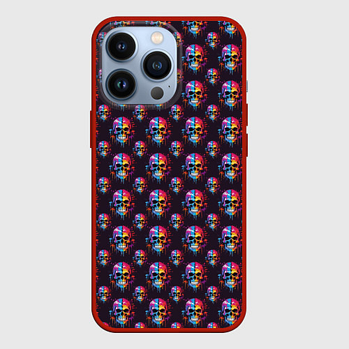 Чехол iPhone 13 Pro Череп покрытый стекающей краской паттерн / 3D-Красный – фото 1