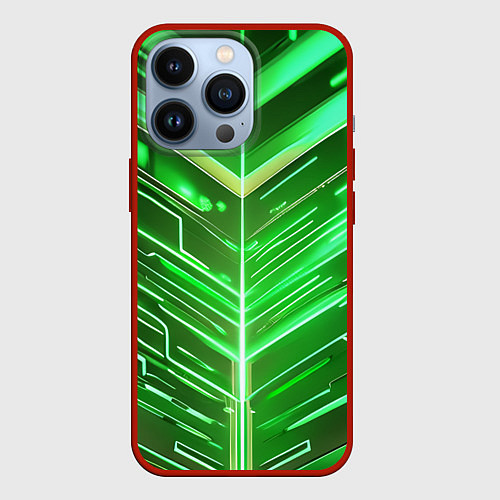 Чехол iPhone 13 Pro Зелёные неон полосы киберпанк / 3D-Красный – фото 1